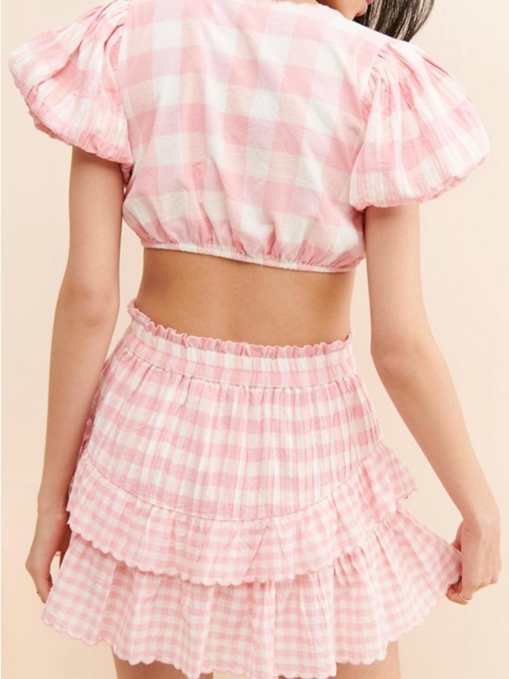 LoveShackFancy Gingham Tie-Front Puff Sleeve Crop Top - Women - Picture 2 of 3